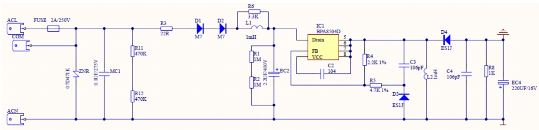 BPA8504D電路圖詳解說明，5V150mA非隔離Buck方案芯片參考設計
